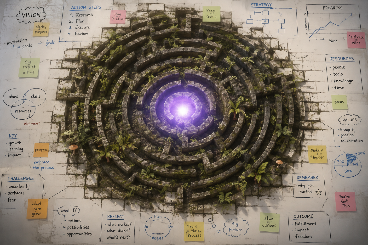 A weathered stone labyrinth glowing violet at its center, surrounded by handwritten planning notes