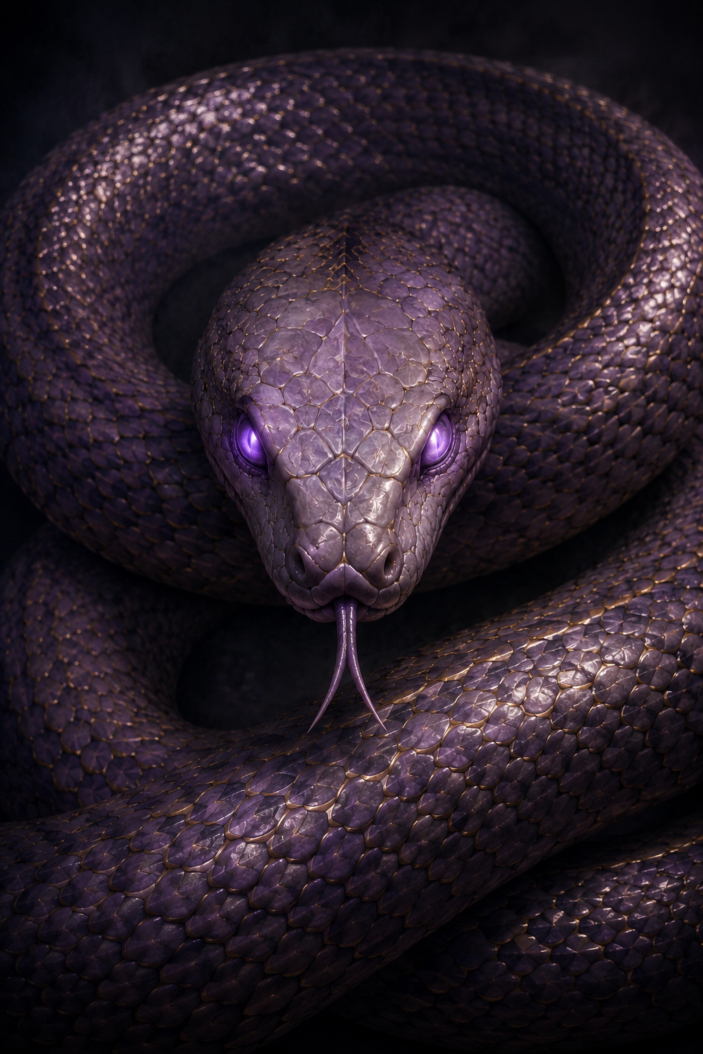 A lavender python with gold-edged scales coiled in shadow