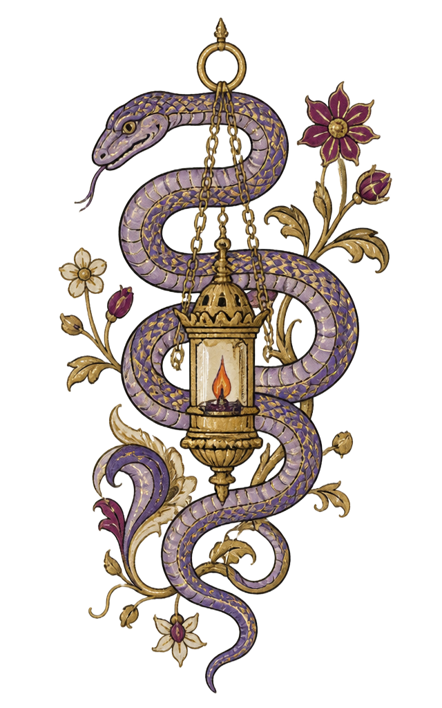 Illuminated marginalia: a lavender python coiled around a lantern