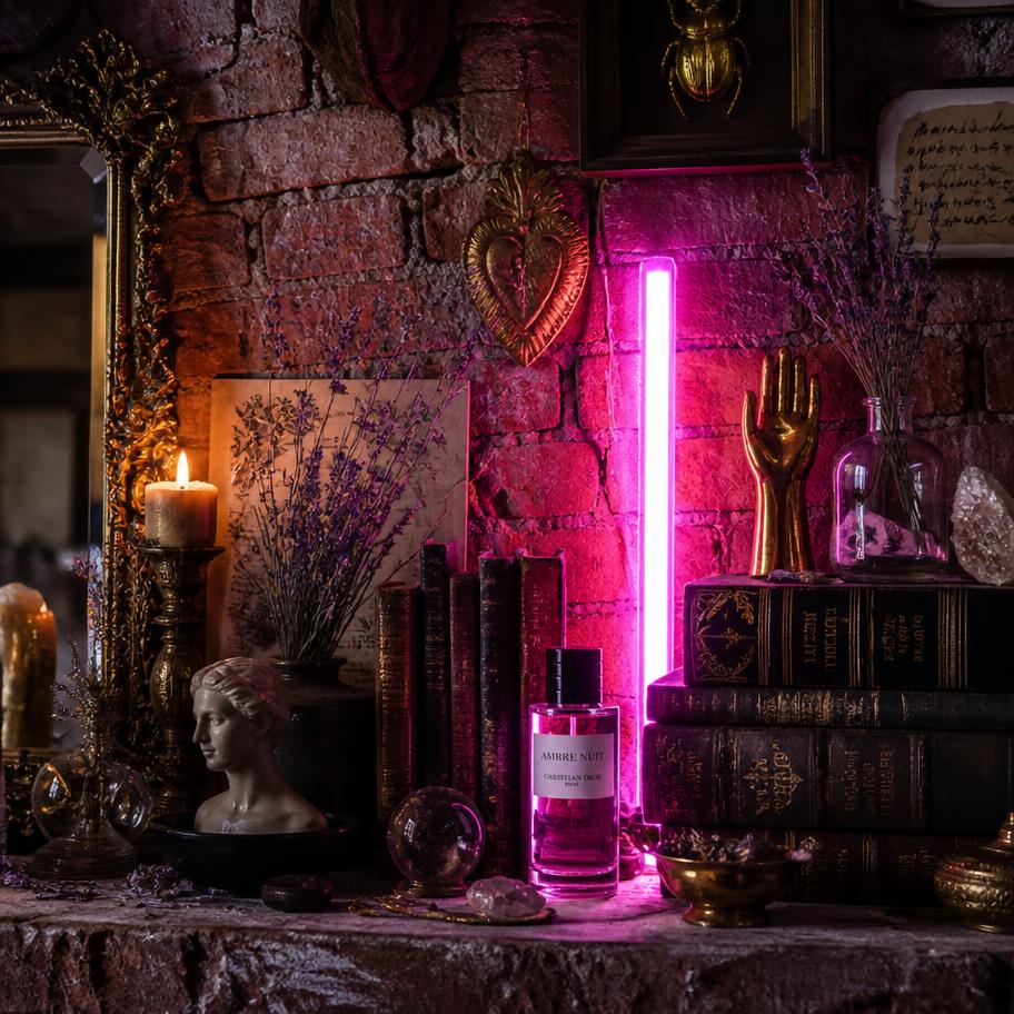 Studio shelf of gold artifacts, old books and a neon light stick
